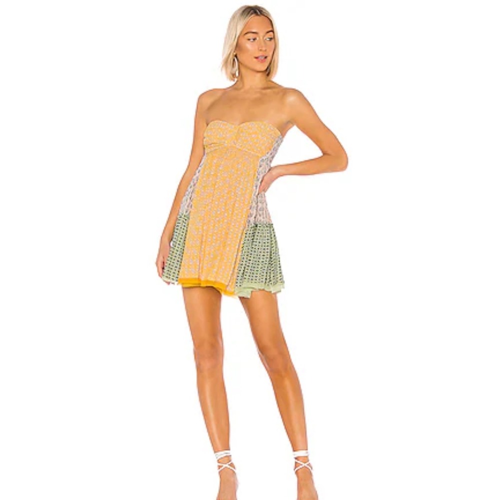 Free People Strapless Patchwork Floral Mini Dress Yellow Sage Large Boho Smocked